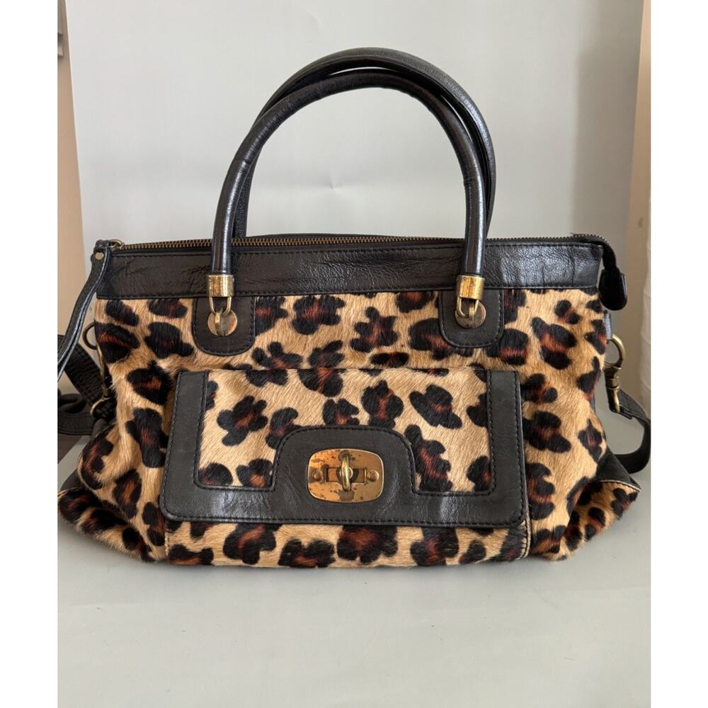 Vintage 90s Nordstrom Leopard Calf Hair & Leather Satchel Bag – Turn Lock Black